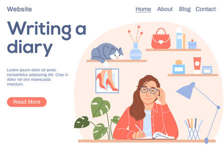 Writing a diary or journal landing page. Girl diary concept. Smiling beautiful woman with pen writes notes in notebook. Young student studying with book. Female person character vector illustration.のイラスト素材
