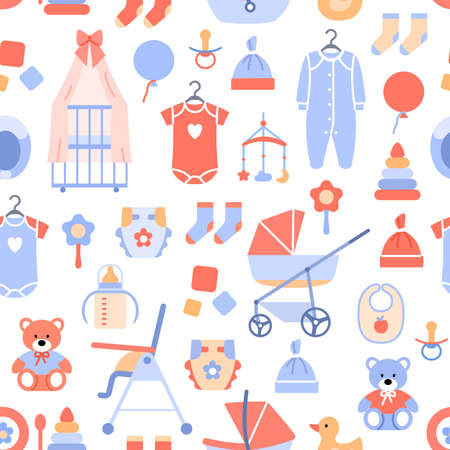 Flat baby background seamless pattern. Baby shower wrapping paper decoration. Pastel backdrop for celebration print, fabric ornament, scrapbook. Newborn textile element design vector illustration.のイラスト素材