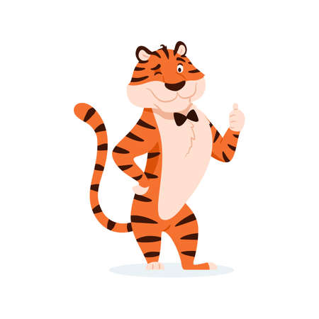 Cute cartoon winking tiger with thumb up sign isolated on white background. Adorable orange striped successful wildcat showing like hand gesture. Smiling animal New Year character vector illustration.のイラスト素材