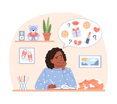 Happy black thinking teenage girl writes diary on home background concept. Young flat sitting afro girl portrait plans in organizer, draws creative pages or journal. Cartoon vector illustration.のイラスト素材