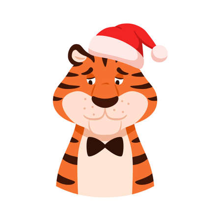 Flat sad striped tiger in Santa hat portrait isolated on white background. Cute funny unhappy wild cat head. New Year 2022 Chinese symbol. Holiday upset animal character vector illustration.のイラスト素材
