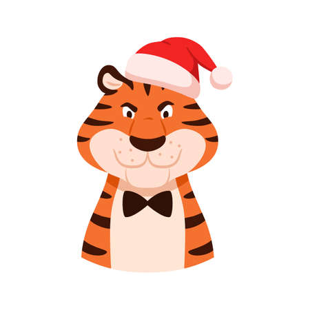 Cartoon angry tiger in Santa hat portrait isolated on white background. Cute dissatisfied wild cat. Chinese symbol of New Year 2022. Christmas holiday color animal head character vector illustration.のイラスト素材
