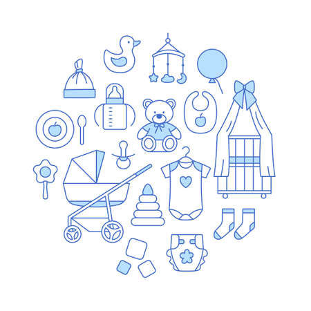 Thin line baby background circle concept isolated on white. Outline kids accessories icons set. Clothes crib stroller diaper toy rattle design for baby shower greeting card, store vector illustration.のイラスト素材