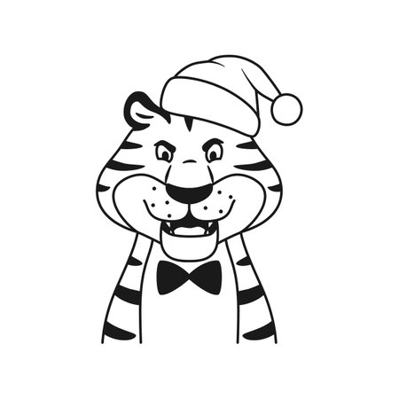 Outline black and white angry roaring tiger in Santa hat isolated portrait coloring page. Cute dissatisfied line wild cat head. Chinese symbol of New Year 2022. Holiday character vector illustration.のイラスト素材