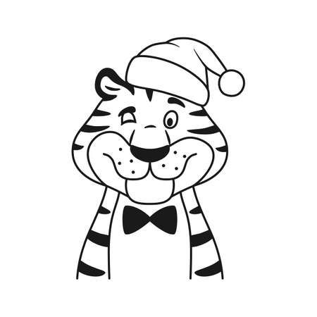 Black and white line winking tiger portrait isolated coloring page. Cartoon striped happy character in Santa hat. Adorable outline New Year symbol. Christmas holiday sketch wildcat vector illustrationのイラスト素材