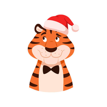 Flat happy smiling thinking striped tiger in Santa hat portrait isolated on white background. Cute funny wild cat head. New Year 2022 Chinese symbol. Holiday animal character vector illustration.のイラスト素材