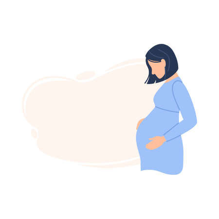 Pregnancy background. Caucasian expectant woman touching her pregnant belly. Beautiful young mother. Female parent waiting for baby birth. Happy pregnancy banner. Flat character vector illustration.のイラスト素材