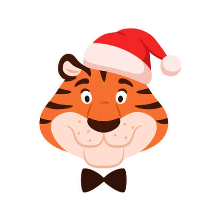 Cute adorable flat tiger head portrait isolated on white background. Cartoon happy character face in Santa hat. Chinese New Year symbol. Comic striped wild cat. Christmas vector illustration.のイラスト素材