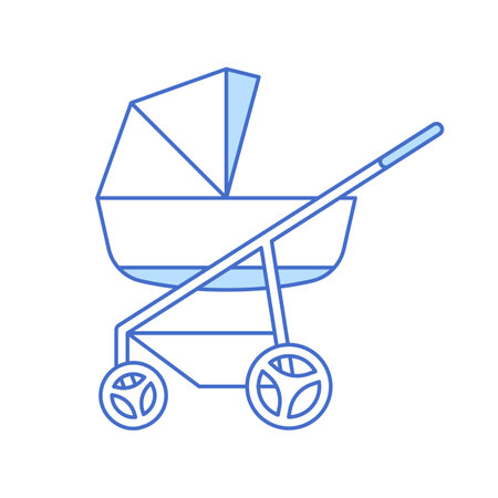 Newborn pram blue thin line icon. Baby care accessory. Stroller simple minimal design isolated on white background. Modern childcare outdoor walking kids carriage outline vector illustration.のイラスト素材