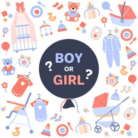 Gender reveal party concept design. Flat black balloon with pink or blue confetti, text boy or girl on baby background with rattle stroller newborn clothes. Banner invitation card vector illustration.のイラスト素材