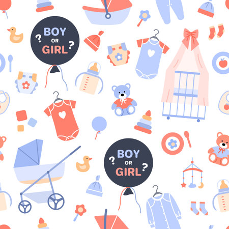 Gender reveal party color seamless pattern design. Flat black balloon with text boy or girl on white...