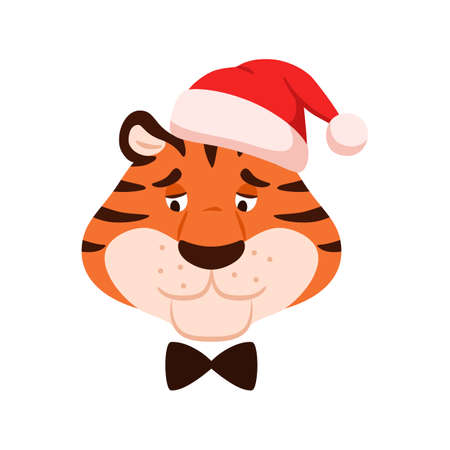 Cartoon unhappy striped tiger in Santa hat head isolated on white background. Cute funny sad wild cat face. New Year 2022 Chinese symbol. Holiday upset animal character vector illustration.のイラスト素材