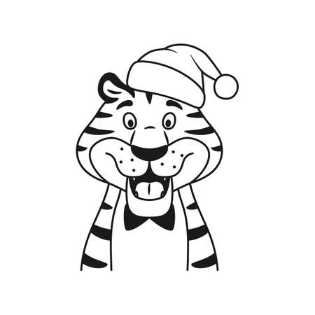 Black and white line talking happy tiger in Santa hat portrait isolated on white background. Cute adorable wild cat. Coloring page for children. Holiday outline striped character vector illustration.のイラスト素材