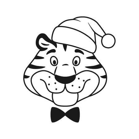 Cute happy black and white outline tiger head in Santa hat isolated on white background. Line character face. New Year symbol coloring page. Comic striped wildcat. Christmas animal vector illustrationのイラスト素材