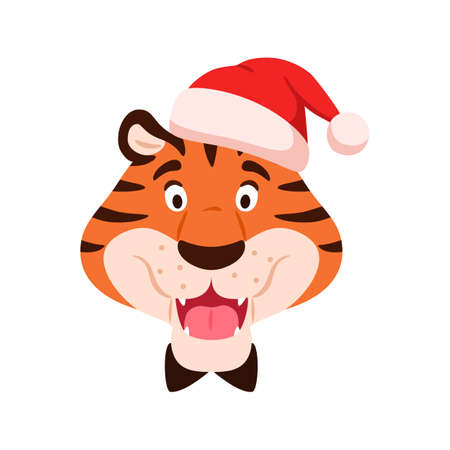 Flat talking smiling tiger face in Santa hat isolated on white background. Cute adorable cartoon wild cat muzzle. Chinese symbol of New Year 2022. Holiday orange striped character vector illustration.のイラスト素材