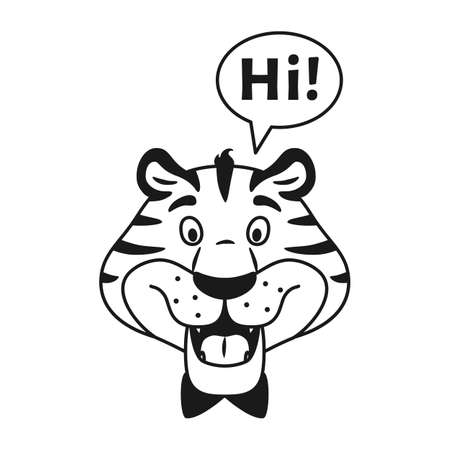 Black and white outline talking happy tiger portrait isolated on white background. Cute adorable wild cat say Hi. Coloring page for children. Holiday line striped animal character vector illustration.のイラスト素材