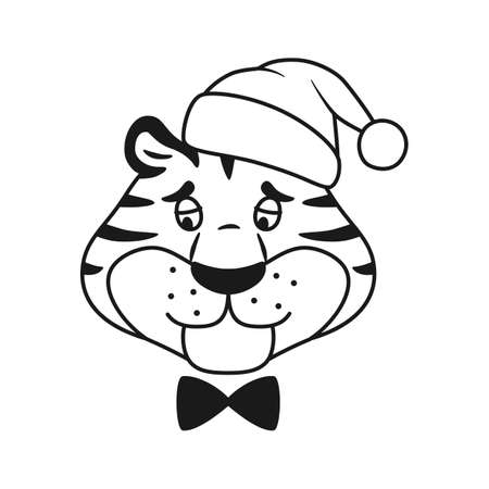Black and white outline upset striped tiger in Santa hat head isolated on white background. Cute unhappy wild cat line coloring page. New Year symbol Holiday sad animal face sketch vector illustrationのイラスト素材