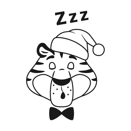 Black and white outline napping funny tiger head in Santa hat isolated on white background. Adorable sleeping cartoon striped line character face. Cute Chinese New Year symbol vector illustration.のイラスト素材