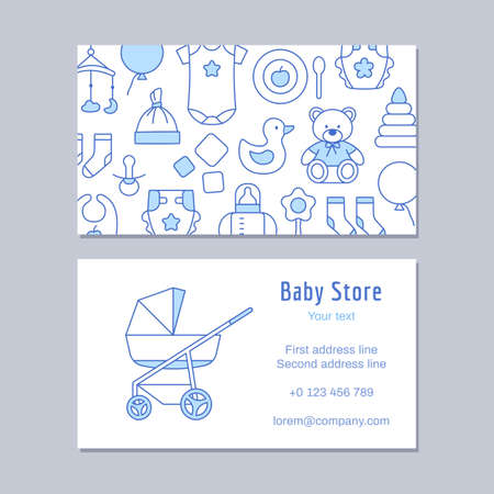 Baby store discount card outline design template. Thin line visit identity on white background. Kids clothing, toy, furniture, accessories. Business contact, mobile phone, web vector illustration.のイラスト素材