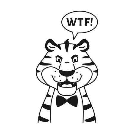 Outline black and white angry roaring tiger isolated portrait coloring page. Cute dissatisfied line wild cat say WTF. Chinese symbol of New Year 2022. Animal character sketch vector illustration.のイラスト素材