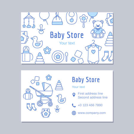 Baby store business or discount card outline design template. Thin line creative identity on white background. Kids clothing, toy, apparel, furniture. Contact, mobile phone, web vector illustration.のイラスト素材