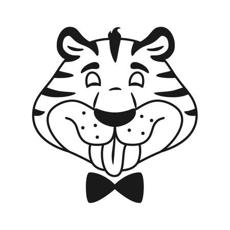 Teasing comic cartoon tiger head. Black and white outline for coloring page for children. Wild cat shows tongue portrait isolated on white background. Happy smiling animal. Line vector illustration.のイラスト素材