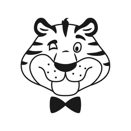 Black and white outline winking tiger face coloring page. Cartoon comic happy character portrait. Adorable line wild cat. Sketch wild cat head vector illustration.のイラスト素材