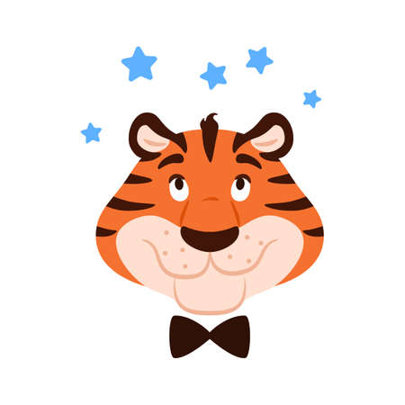 Adorable smiling dreaming tiger head isolated on white background. Flat happy character looking at stars above. Cute comic striped wildcat face. New Year symbol. Cartoon feline vector illustration.のイラスト素材