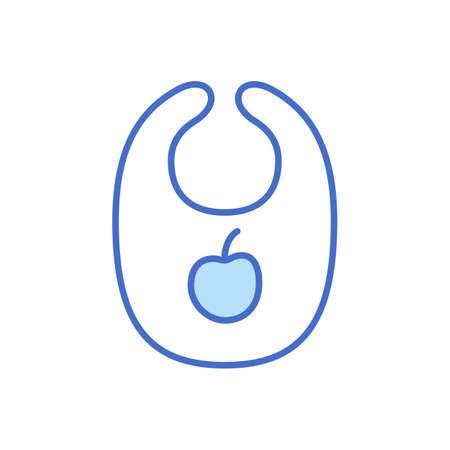 Baby bib thin line icon isolated on white background. Blue outline baby care object with apple. Toddler child care element design. Minimal vector illustration.のイラスト素材