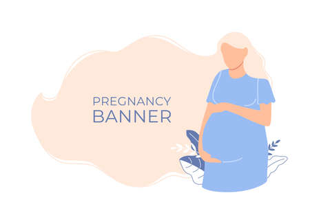 Flat pregnancy background. Beautiful Caucasian pregnant woman hold belly. Young happy expectant girl expecting a baby birth. Cute mother banner with blank text space. Parenthood vector illustration.のイラスト素材