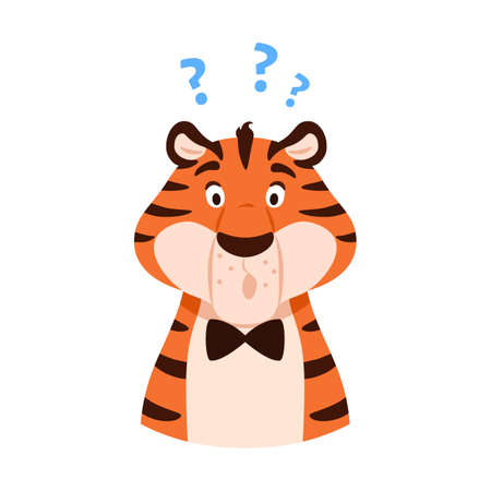 Surprised funny tiger portrait isolated on white background. Open eyed cartoon striped color happy character with question mark. Adorable Chinese New Year symbol. Flat wild cat vector illustration.のイラスト素材