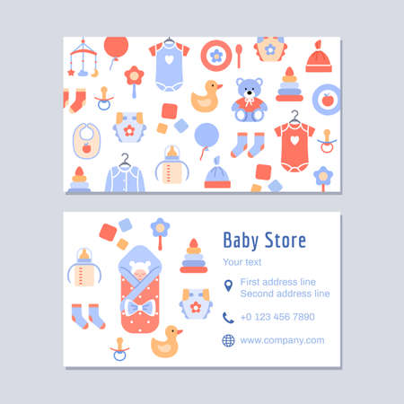 Baby store visiting business card design template for discount or sale. Color flat creative identity layout. Clothing toy, kids accessories. Contact, mobile phone, website internet vector illustrationのイラスト素材