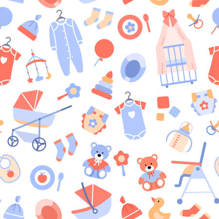 Flat baby background seamless pattern. Baby shower wrapping paper decoration. Pastel backdrop for celebration print, fabric ornament, scrapbook. Newborn textile element design vector illustration.のイラスト素材