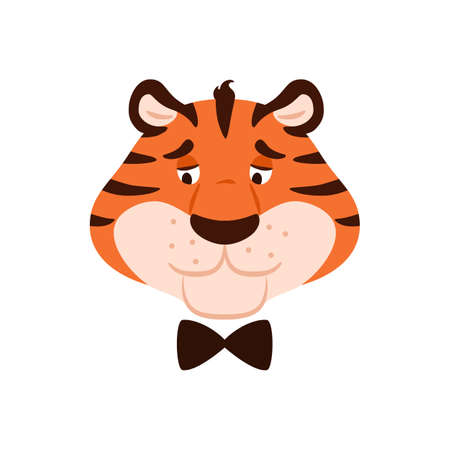 Flat sad striped tiger head isolated on white background. Cute funny unhappy orange wild cat face. Cartoon upset animal. Sorrowful mascot character vector illustration.のイラスト素材