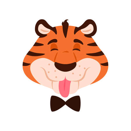 Teasing cheerful cartoon tiger grimace shows tongue face isolated on white background. Happy playful striped flat wildcat head. Adorable orange wild cat Childish animal character vector illustration.のイラスト素材