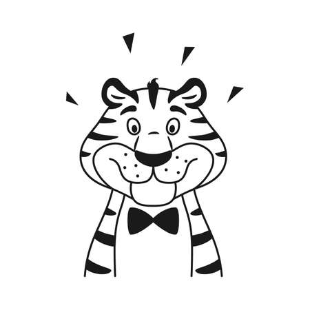 Cute cartoon tiger portrait isolated on white background. Black and white outline happy smiling character. Line sketch vector illustration for coloring page for children.のイラスト素材