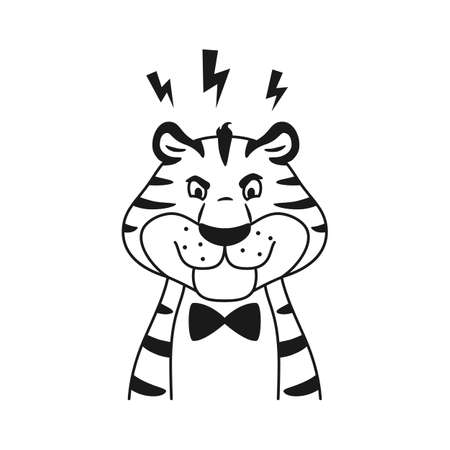 Cute angry cartoon tiger head isolated on white background. Black and white outline displeased animal character face for coloring page for children. Striped wild cat line vector illustration.のイラスト素材