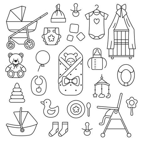 Newborn baby accessories thin line objects set on white background. Kid icons for baby shower card coloring page flyer design. Cute infant supplies. Outline crib diaper stroller vector illustration.のイラスト素材