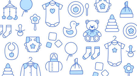 Baby store discount card cover outline design template. Thin line visit identity on white background. Kids clothing, toys, diaper, furniture. Business contact, mobile phone, web vector illustration.のイラスト素材