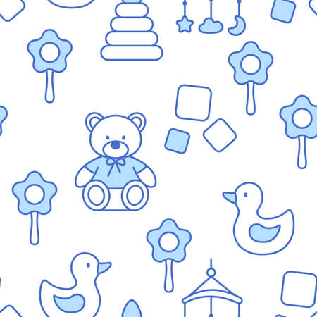 Baby clothes line seamless pattern. Newborn baby textile outline decoration background. Minimal apparel tile for wallpaper, print, wrapping paper. Modern design. Kids toys rattle vector illustration.のイラスト素材