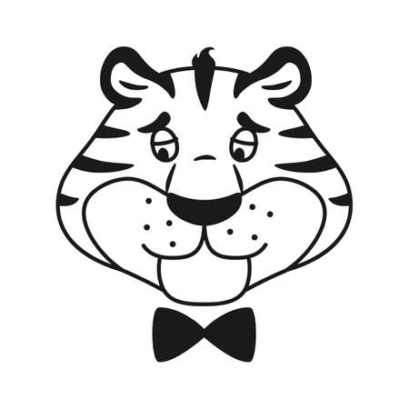 Black and white outline upset striped tiger head isolated on white background. Cute unhappy wild cat line coloring page. Sad animal sketch vector illustration.のイラスト素材