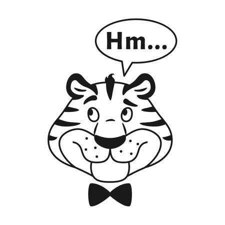 Black and white outline smiling thinking striped tiger head isolated on white. Cute funny line wild cat face. Animal thoughtful character with speech bubble vector illustration.のイラスト素材