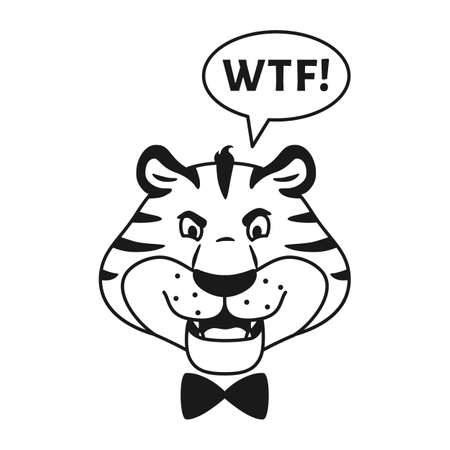 Outline black and white angry roaring tiger isolated head coloring page. Cute dissatisfied line wild cat say WTF. Animal character sketch vector illustration.のイラスト素材