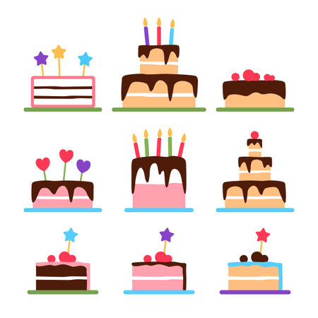 Birthday cakes with candles. Festive colorful flat icons set on white background. Frosted delicious...