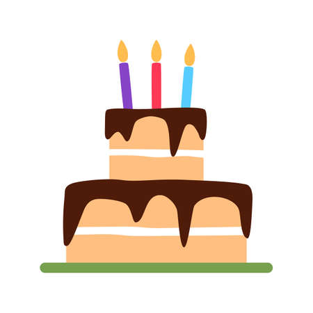 Birthday cake with colorful candles. Festive flat icon isolated on white background. Frosted tasty decorated chocolate buttercream object for birthday card invitation design Pastry vector illustrationのイラスト素材
