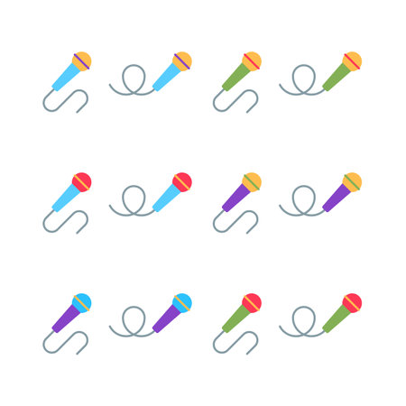 Microphone flat icons set isolated on white background. Colorful broadcasting technology object sign. Mic logo design. Professional performance music karaoke voice studio element vector illustration.のイラスト素材