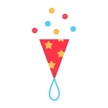 Colorful firecracker flat icon isolated on white background. Carnival red festival birthday party event pyrotechnic. Festive object confetti design. Fire cracker symbol decoration vector illustration.のイラスト素材