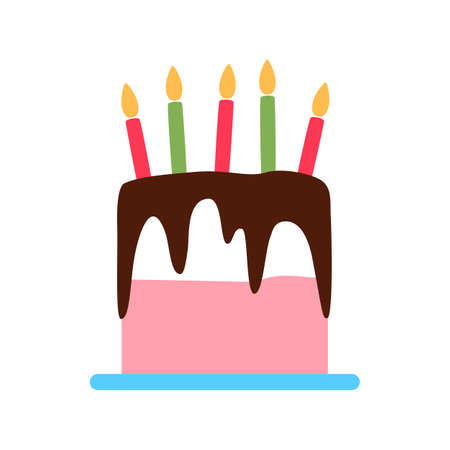 Birthday chocolate cake with colorful burning candles. Festive flat icon isolated on white background. Frosted tasty buttercream object for birthday party celebration design Pastry vector illustrationのイラスト素材