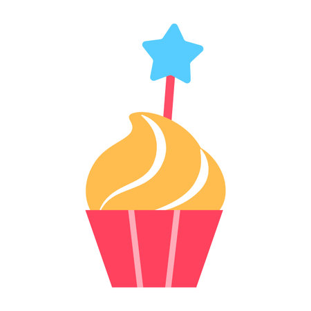 Vanilla cupcake flat icon with candy. Colorful birthday party muffin decorated swirl whipped...