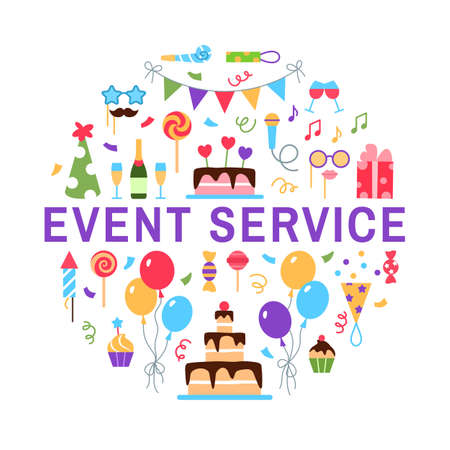 Event service circle concept on white background. Flat holiday management design. Birthday party dinner marriage wedding celebration arrangement business. Beautiful cake balloons vector illustration.のイラスト素材